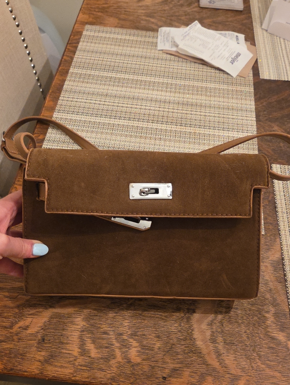 Brown Suede Crossbody Bag with Silver Hardware